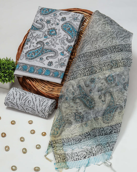 Elegant Hand Block Printed Cotton Suit With Organza Dupatta