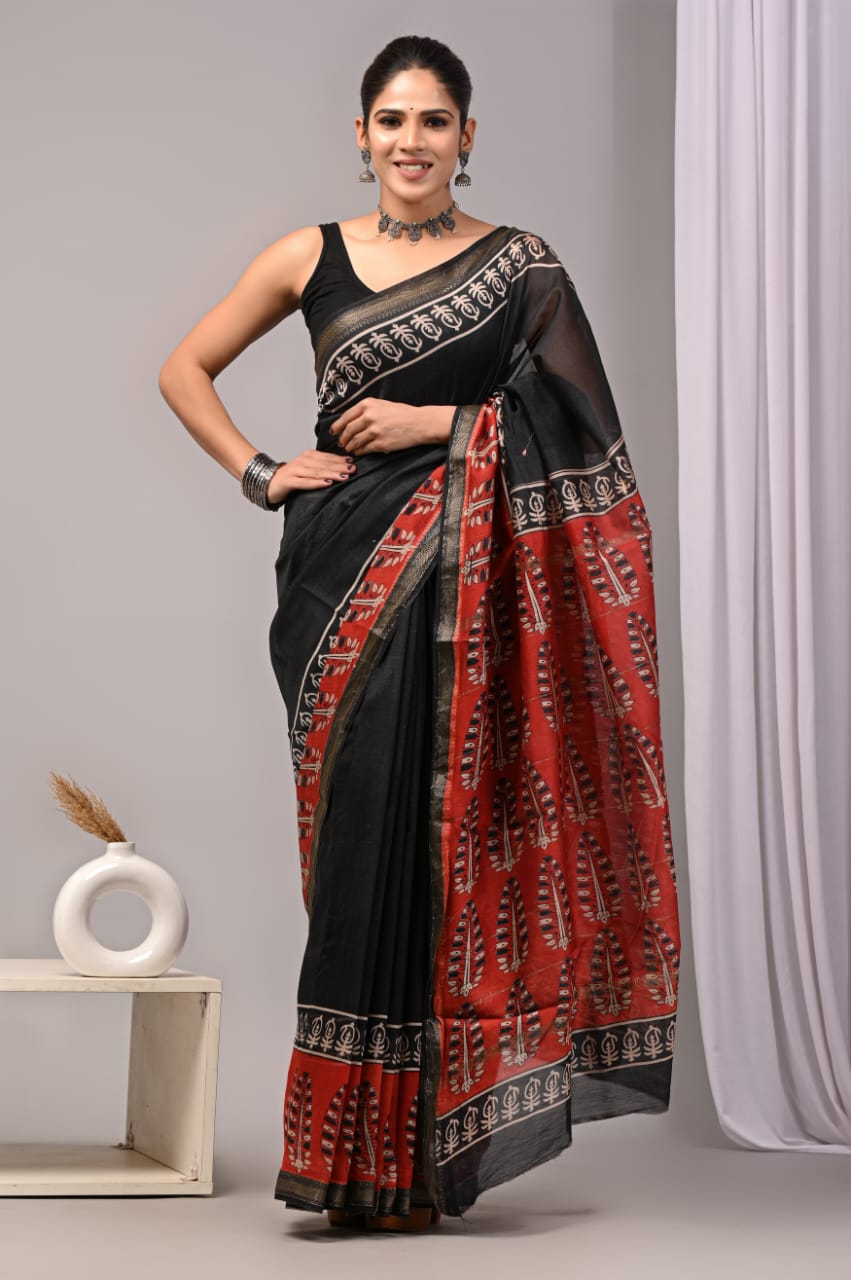 New Designer Hand Block Print Maheshwari Silk Saree