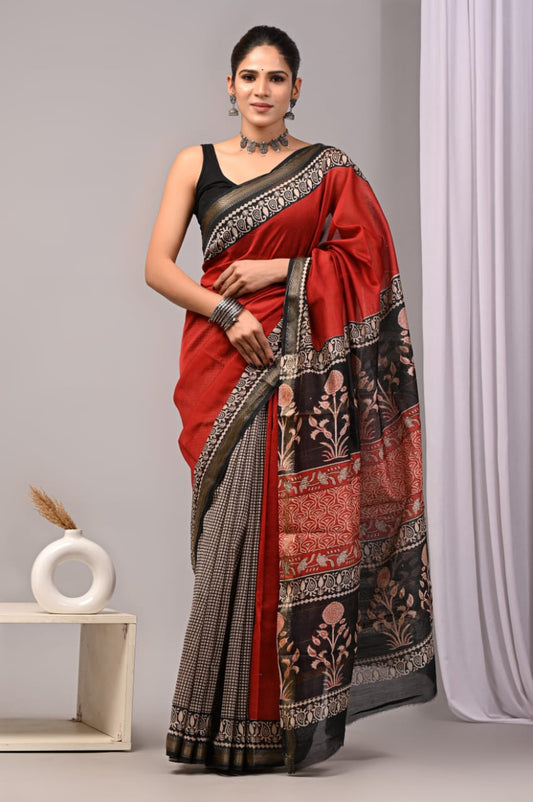 New Designer Hand Block Print Maheshwari Silk Saree