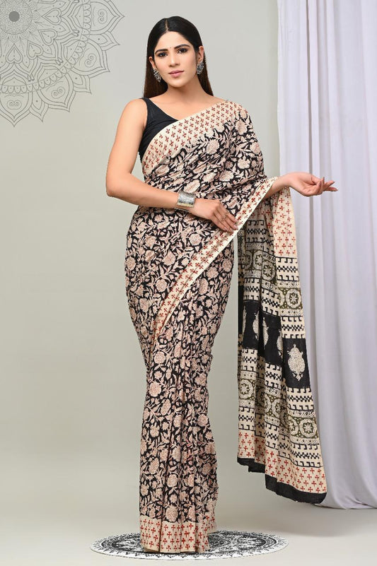 Traditional Authentic Hand Block Printed Pure Organic Cotton Sarees With matching Blouse