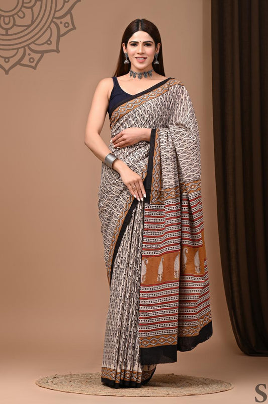 Traditional Authentic Hand Block Printed Pure Organic Cotton Sarees With matching Blouse