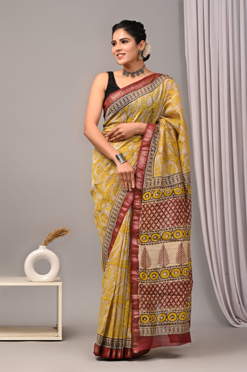 New Designer Hand Block Print Maheshwari Silk Saree