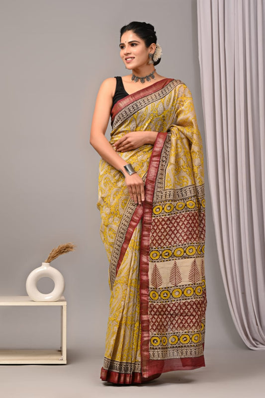 New Designer Hand Block Print Maheshwari Silk Saree