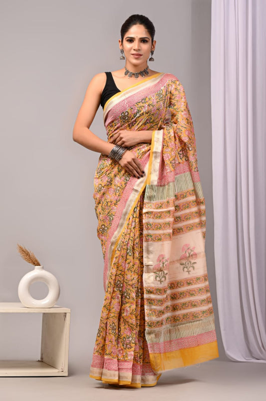 New Designer Hand Block Print Maheshwari Silk Saree