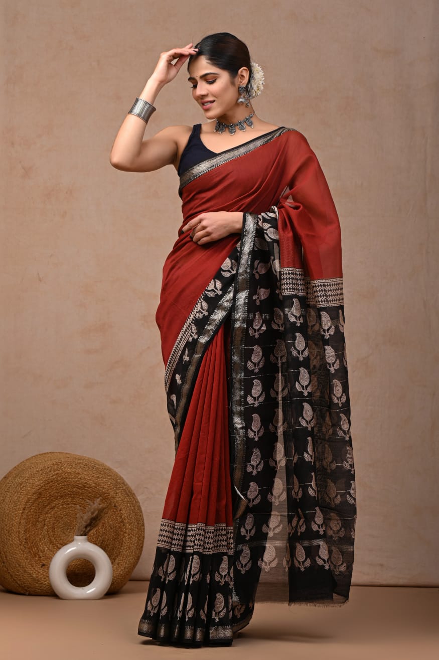 New Designer Hand Block Print Maheshwari Silk Saree