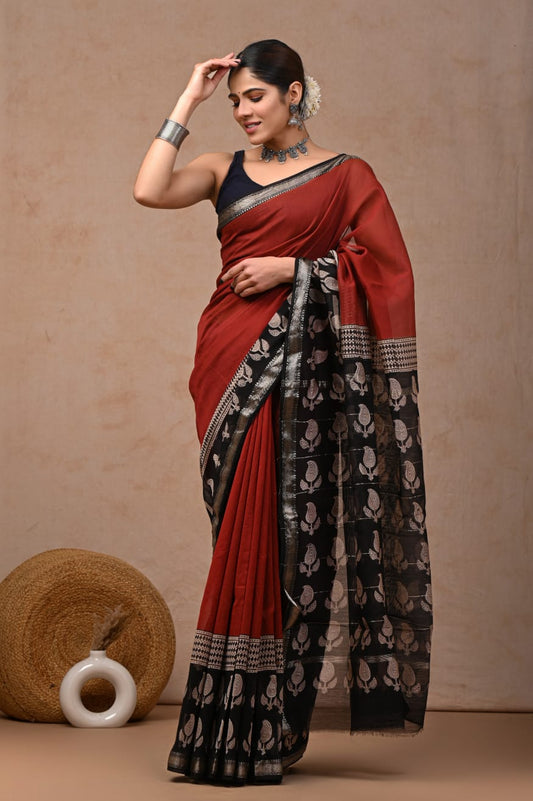 New Designer Hand Block Print Maheshwari Silk Saree