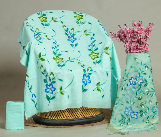 Elegant Hand Block Printed Cotton Suit With Organza Dupatta