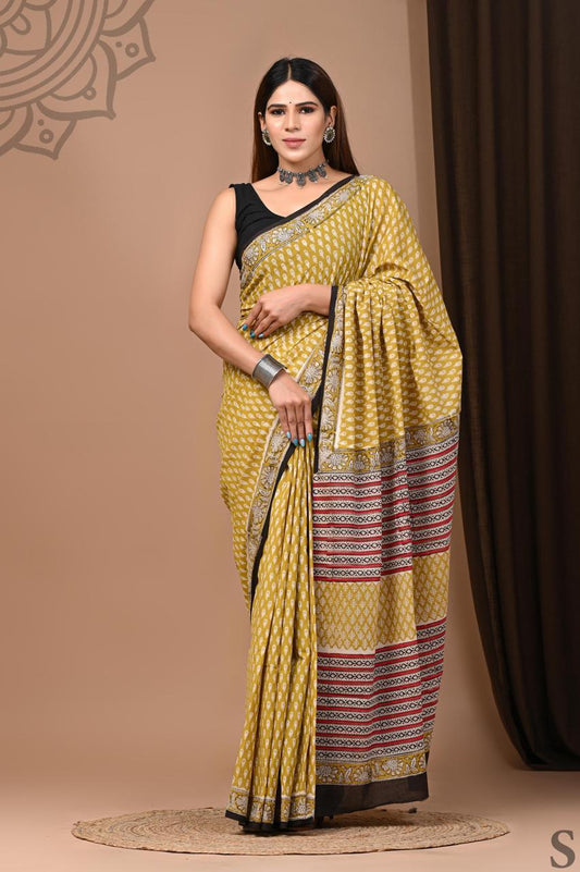 Traditional Authentic Hand Block Printed Pure Organic Cotton Sarees With matching Blouse