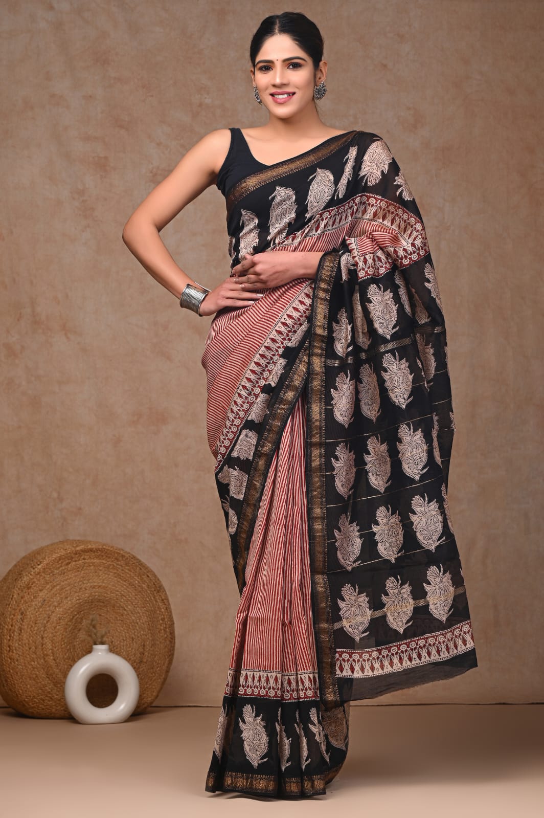 New Designer Hand Block Print Maheshwari Silk Saree