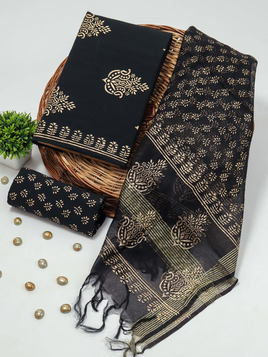 Elegant Hand Block Printed Cotton Suit With Organza Dupatta