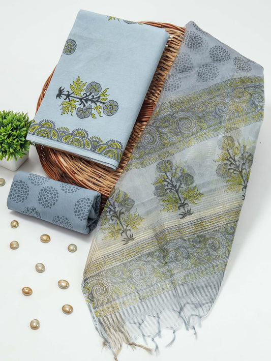 Elegant Hand Block Printed Cotton Suit With Organza Dupatta