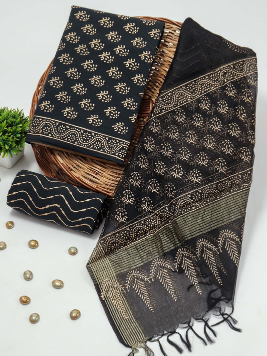 Elegant Hand Block Printed Cotton Suit With Organza Dupatta