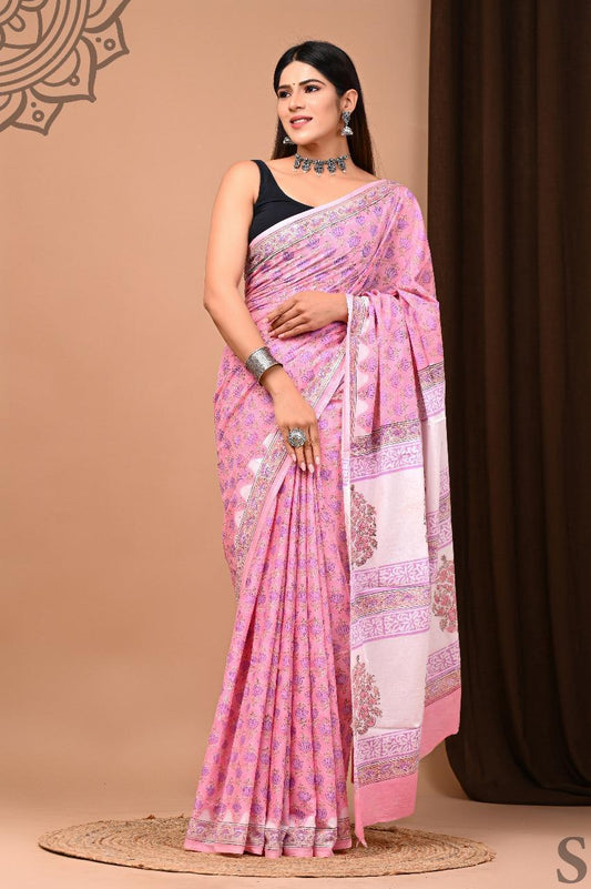 Traditional Authentic Hand Block Printed Pure Organic Cotton Sarees With matching Blouse