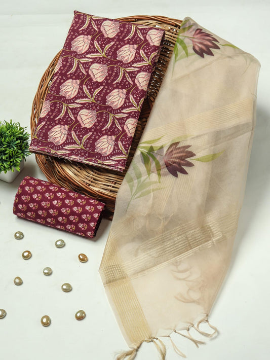 Elegant Hand Block Printed Cotton Suit With Organza Dupatta
