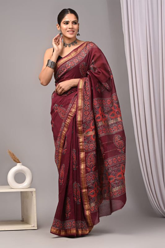 New Designer Hand Block Print Maheshwari Silk Saree