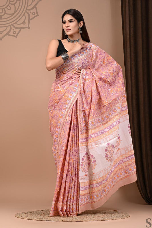 Traditional Authentic Hand Block Printed Pure Organic Cotton Sarees With matching Blouse