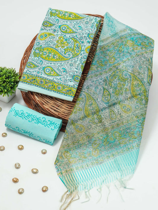 Elegant Hand Block Printed Cotton Suit With Organza Dupatta