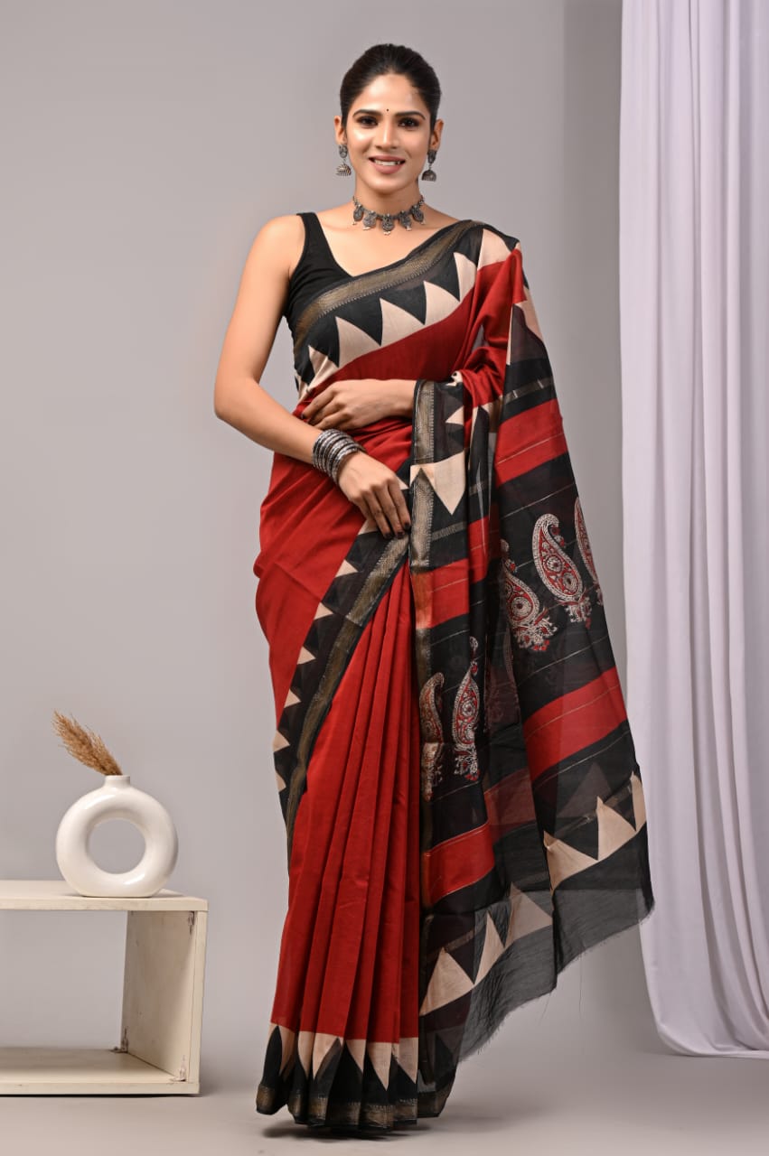 New Designer Hand Block Print Maheshwari Silk Saree