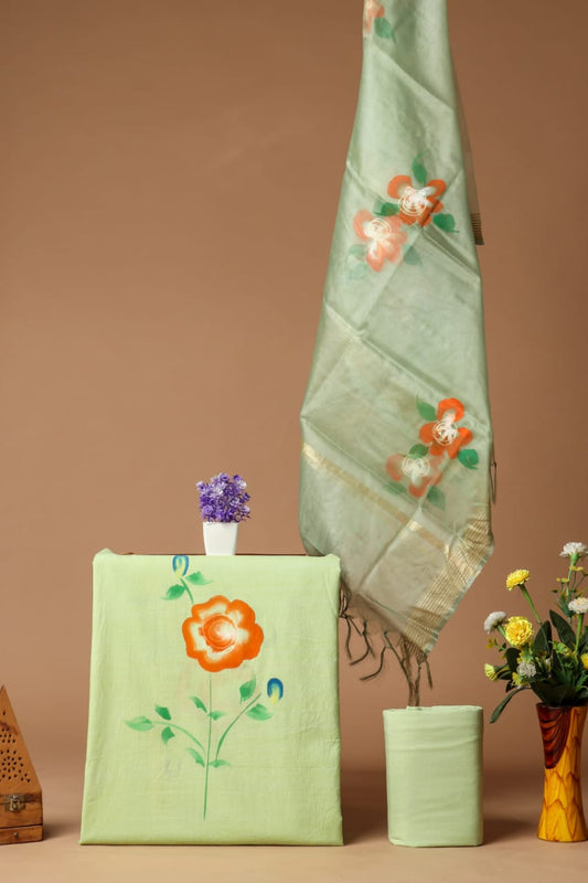 Elegant Hand Block Printed Cotton Suit With Organza Dupatta
