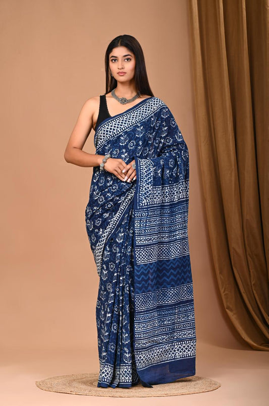 Traditional Authentic Hand Block Printed Pure Organic Cotton Sarees With matching Blouse