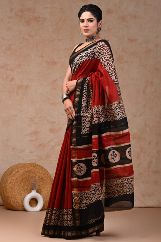 New Designer Hand Block Print Maheshwari Silk Saree