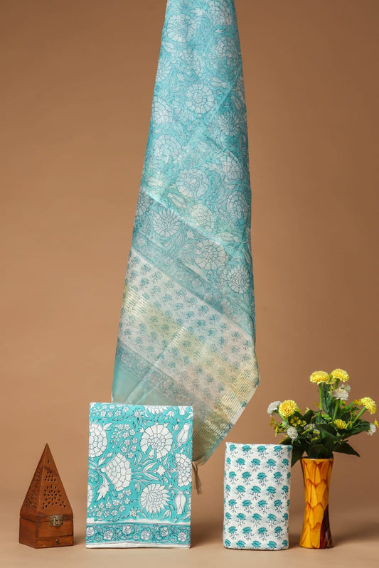 Elegant Hand Block Printed Cotton Suit With Organza Dupatta