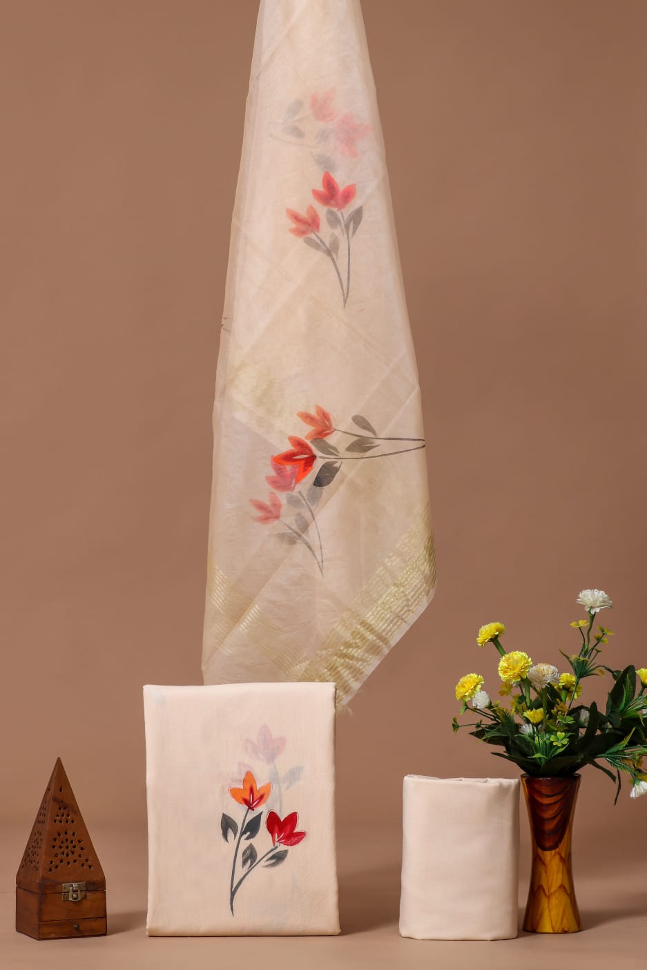 Elegant Hand Block Printed Cotton Suit With Organza Dupatta