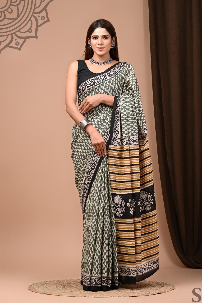 Traditional Authentic Hand Block Printed Pure Organic Cotton Sarees With matching Blouse