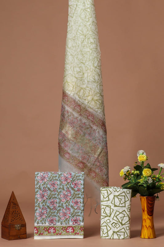 Elegant Hand Block Printed Cotton Suit With Organza Dupatta