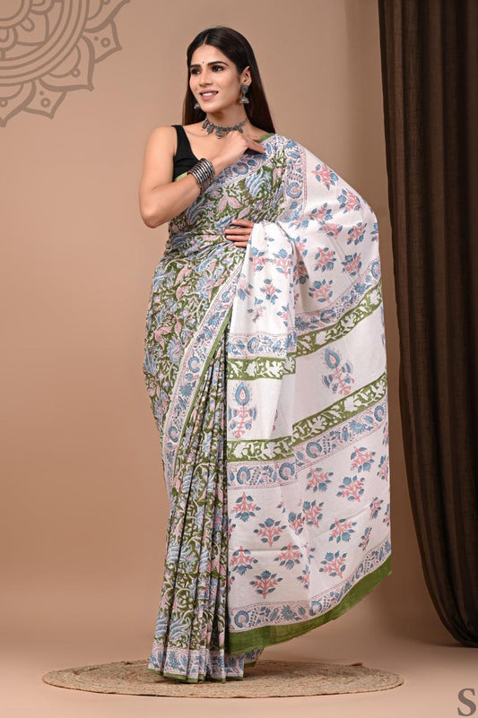 Traditional Authentic Hand Block Printed Pure Organic Cotton Sarees With matching Blouse