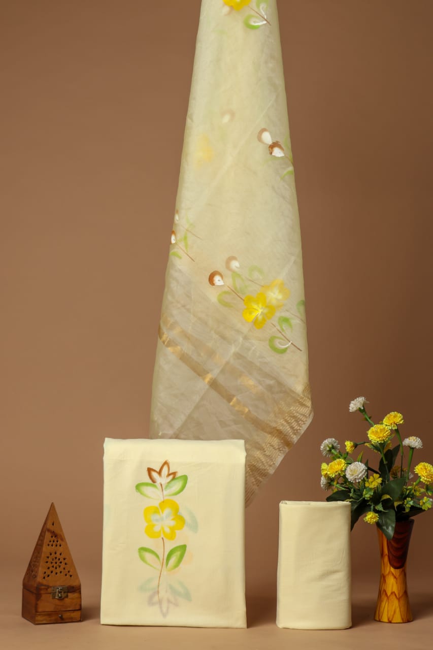 Elegant Hand Block Printed Cotton Suit With Organza Dupatta