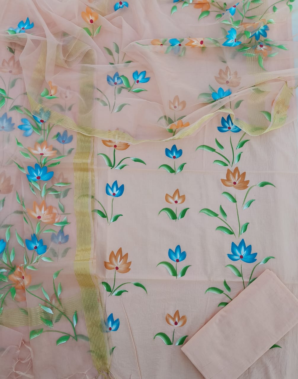 Elegant Hand Block Printed Cotton Suit With Organza Dupatta