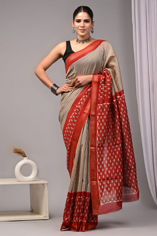 New Designer Hand Block Print Maheshwari Silk Saree