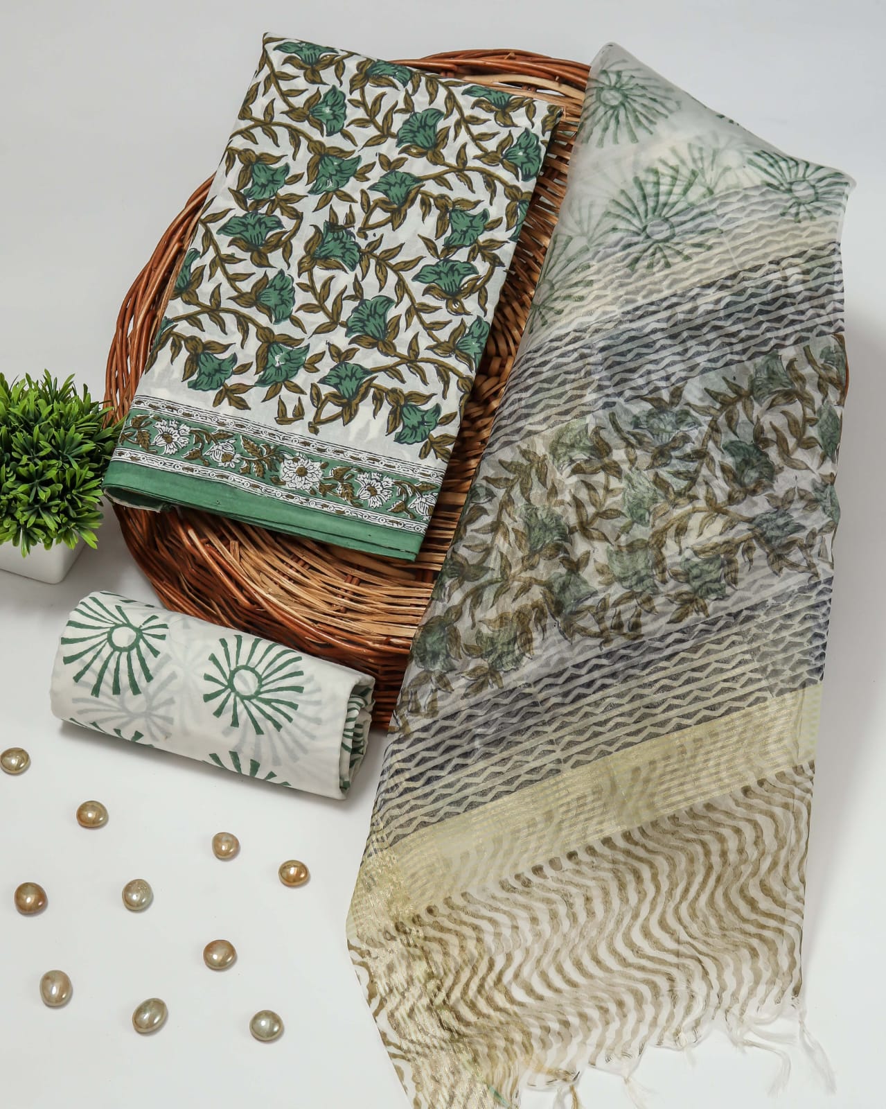 Elegant Hand Block Printed Cotton Suit With Organza Dupatta