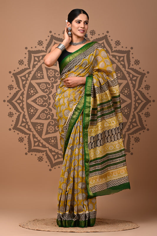 New Designer Hand Block Print Maheshwari Silk Saree