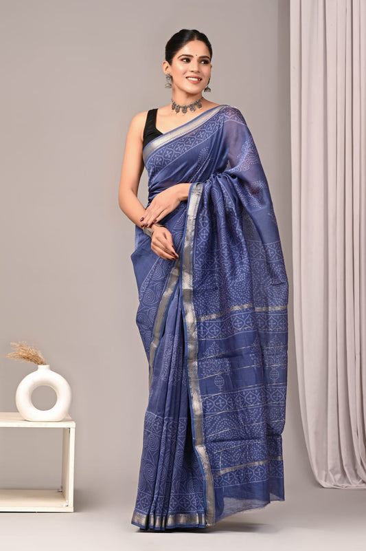 New Designer Hand Block Print Maheshwari Silk Saree