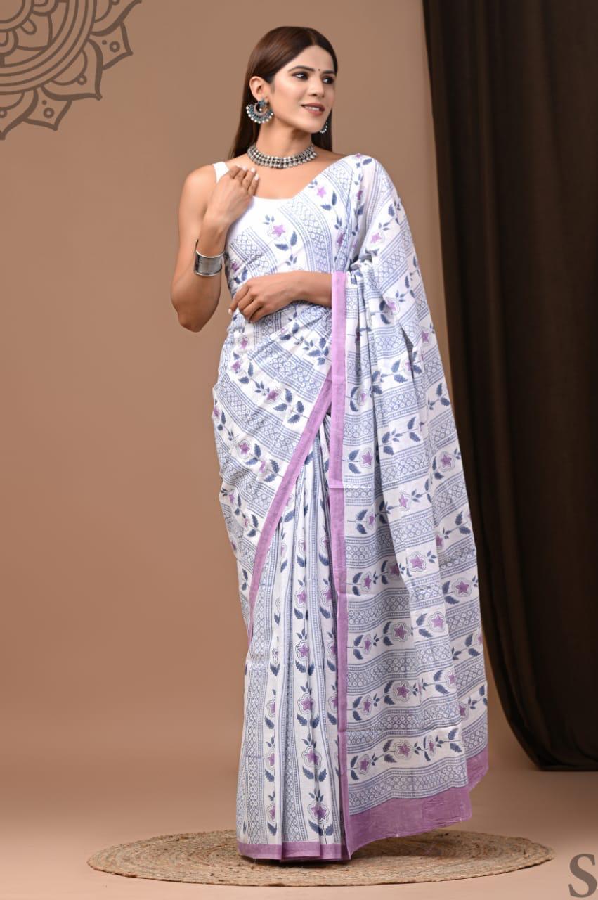 Traditional Authentic Hand Block Printed Pure Organic Cotton Sarees With matching Blouse