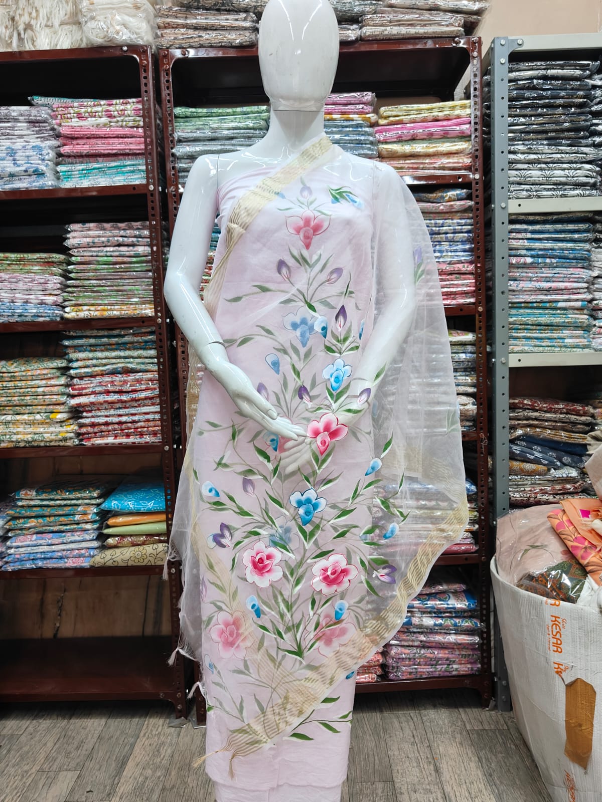 Elegant Hand Block Printed Cotton Suit With Organza Dupatta