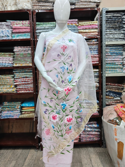 Elegant Hand Block Printed Cotton Suit With Organza Dupatta