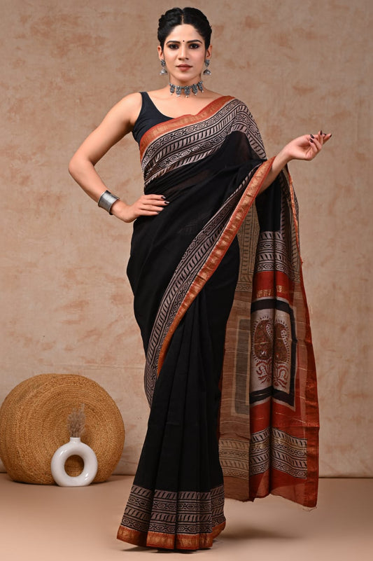 New Designer Hand Block Print Maheshwari Silk Saree