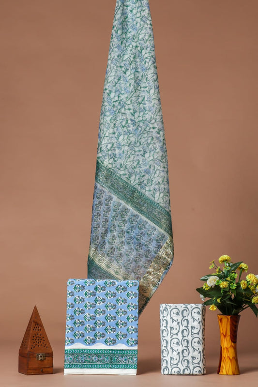 Elegant Hand Block Printed Cotton Suit With Organza Dupatta