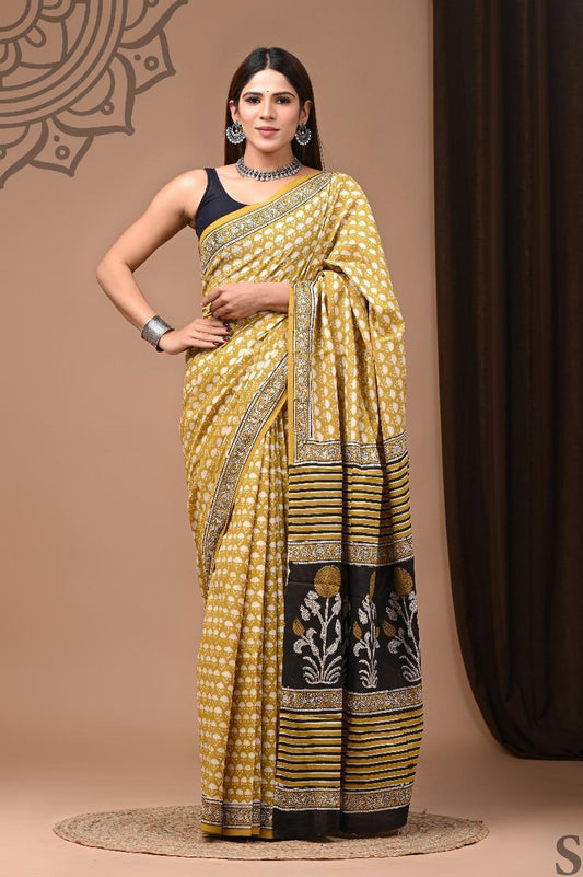 Traditional Authentic Hand Block Printed Pure Organic Cotton Sarees With matching Blouse