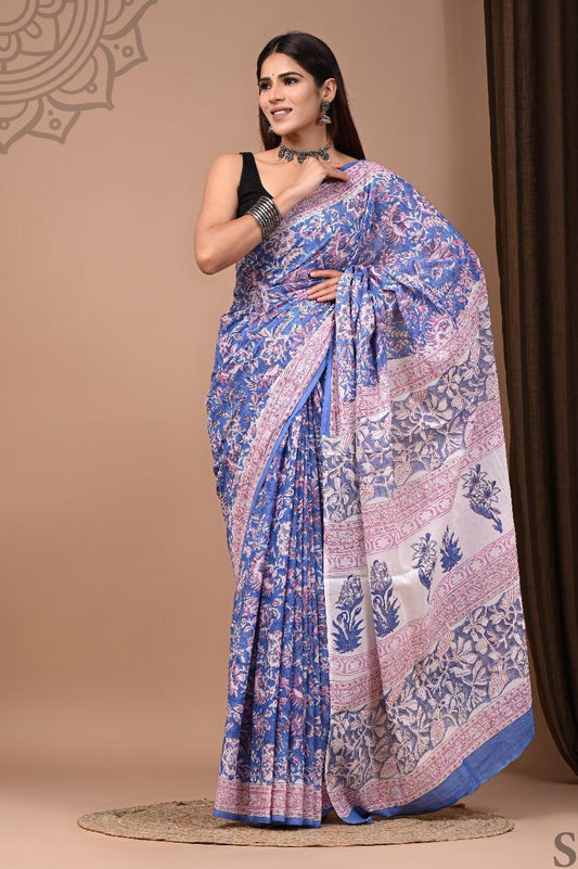 Traditional Authentic Hand Block Printed Pure Organic Cotton Sarees With matching Blouse