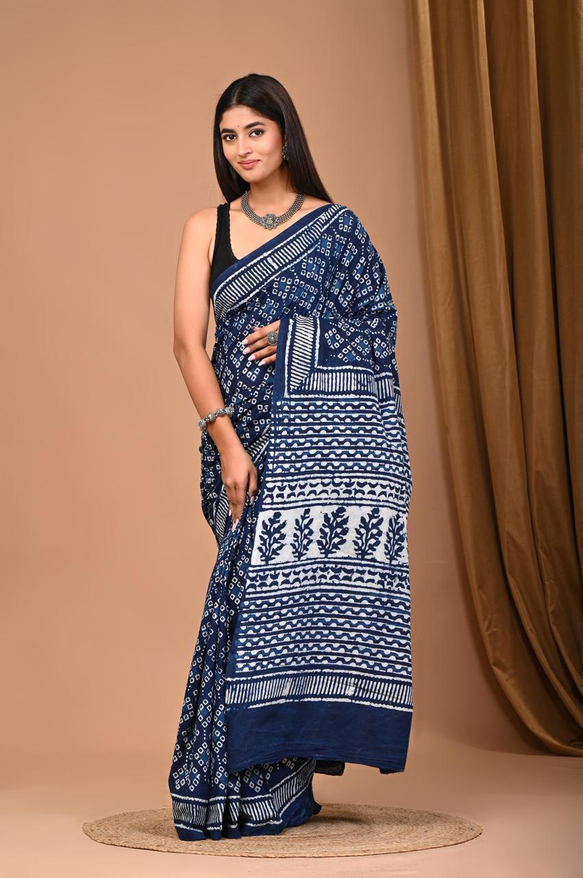 Traditional Authentic Hand Block Printed Pure Organic Cotton Sarees With matching Blouse