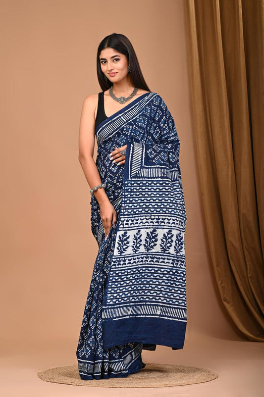 Traditional Authentic Hand Block Printed Pure Organic Cotton Sarees With matching Blouse