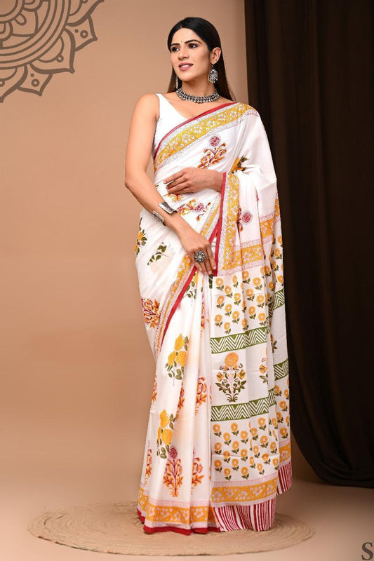 Traditional Authentic Hand Block Printed Pure Organic Cotton Sarees With matching Blouse