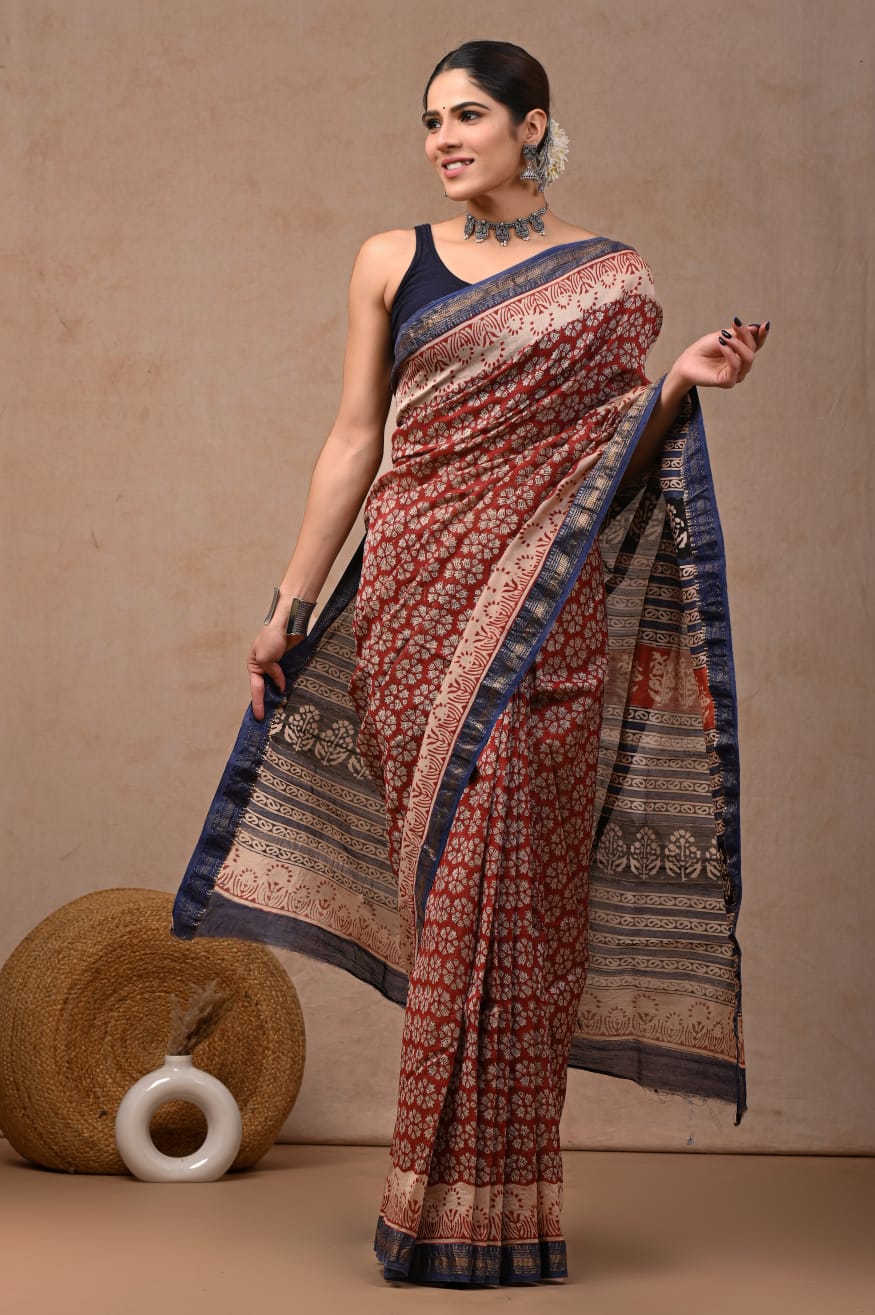 New Designer Hand Block Print Maheshwari Silk Saree