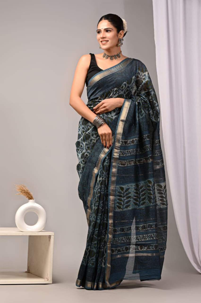 New Designer Hand Block Print Maheshwari Silk Saree