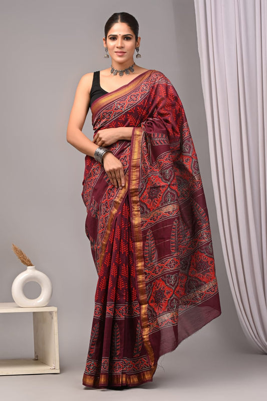 New Designer Hand Block Print Maheshwari Silk Saree