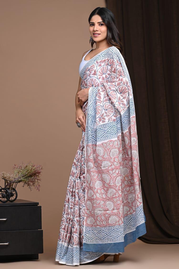 Traditional Authentic Hand Block Printed Pure Organic Cotton Sarees With matching Blouse